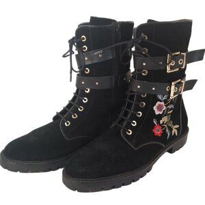 Women's Stradivarius Black Faux Suede Floral Embroidered Ankle Boots Size 8.5/39